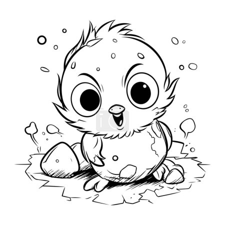 Téléchargez les illustrations : Illustration noir et blanc de bébé poussin mignon avec des gouttelettes d'eau pour le livre de coloriage - en licence libre de droit