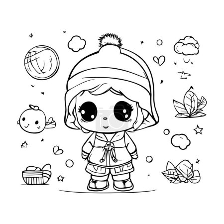 Illustration for Cute little girl in winter clothes. Vector illustration for coloring book. - Royalty Free Image