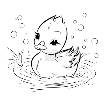Téléchargez les illustrations : Mignon petit canard nage dans l'eau. Illustration vectorielle noir et blanc. - en licence libre de droit