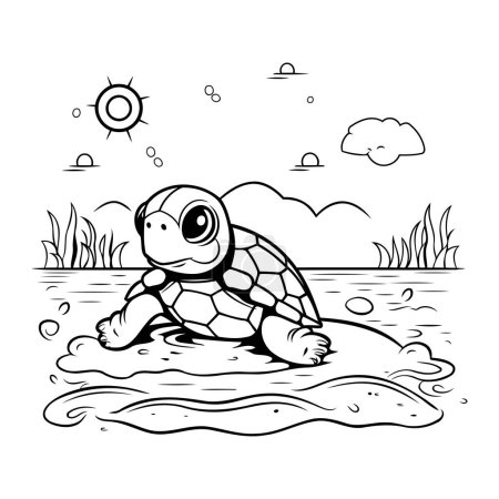 Téléchargez les illustrations : Tortue nageant dans la rivière. Illustration vectorielle noir et blanc. - en licence libre de droit
