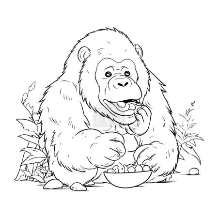 Ilustración de Gorila con un tazón de comida. Ilustración vectorial monocromática. - Imagen libre de derechos