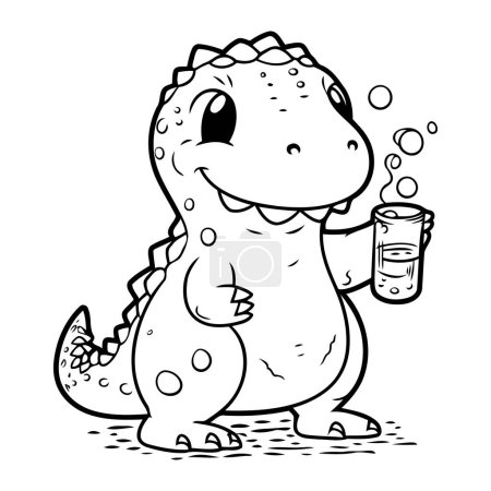 Ilustración de Libro para colorear para niños. lindo dinosaurio con un vaso de agua - Imagen libre de derechos
