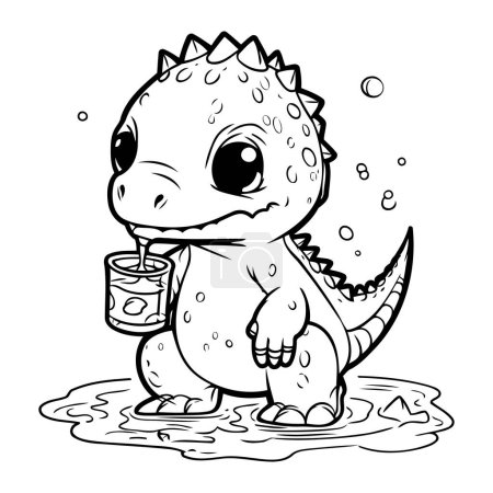 Téléchargez les illustrations : Joli bébé dinosaure avec un seau d'eau. Illustration vectorielle. - en licence libre de droit