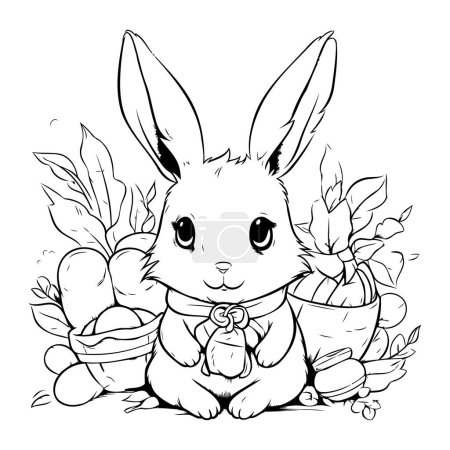 Illustration for Easter bunny with eggs and flowers. Vector illustration for coloring book. - Royalty Free Image