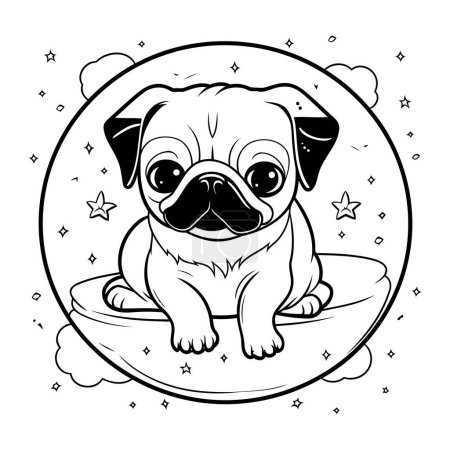 Illustration for Cute cartoon pug dog. Vector illustration in black and white. - Royalty Free Image