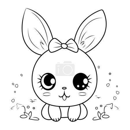 Téléchargez les illustrations : Mignon lapin femelle avec ruban papillon dessin animé vectoriel illustration graphique en noir et blanc - en licence libre de droit