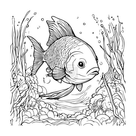 Ilustración de Lindos peces de dibujos animados nadando en el mar. Ilustración vectorial para colorear libro - Imagen libre de derechos