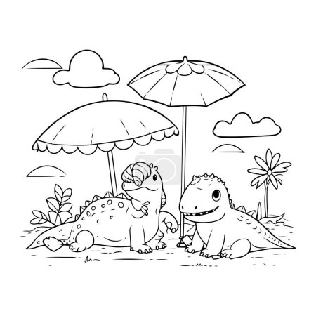 Illustration for Cute dinosaurs in the park with umbrella vector illustration coloring book page - Royalty Free Image