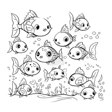 Téléchargez les illustrations : Ensemble de poissons de dessin animé mignons. Livre à colorier pour enfants. Illustration vectorielle. - en licence libre de droit