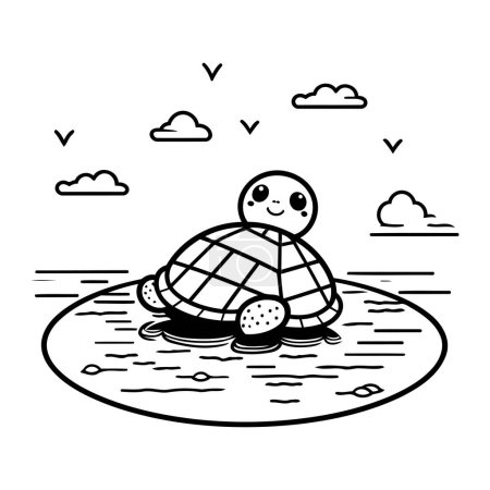 Téléchargez les illustrations : Dessin animé mignon tortue dans le lac vecteur illustration graphisme noir et blanc - en licence libre de droit