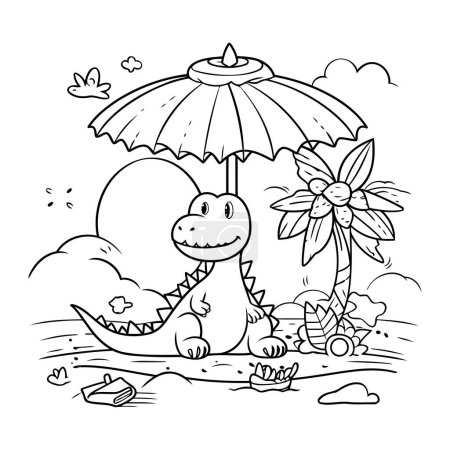 Ilustración de Página para colorear Esquema de dinosaurio de dibujos animados con paraguas. Ilustración vectorial. - Imagen libre de derechos
