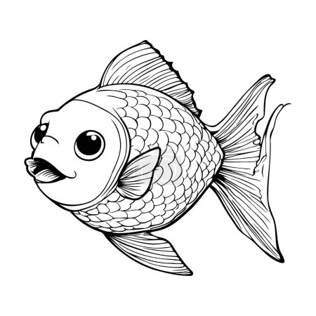 Téléchargez les illustrations : Illustration vectorielle en noir et blanc d'un joli poisson dessin animé. Isolé sur fond blanc. - en licence libre de droit