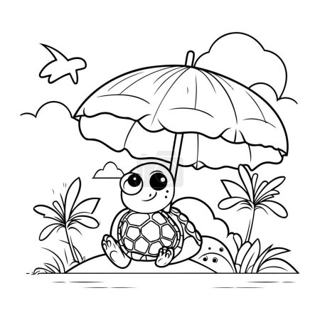 Téléchargez les illustrations : Tortue mignonne avec parapluie dans le jardin. Illustration vectorielle pour livre à colorier - en licence libre de droit