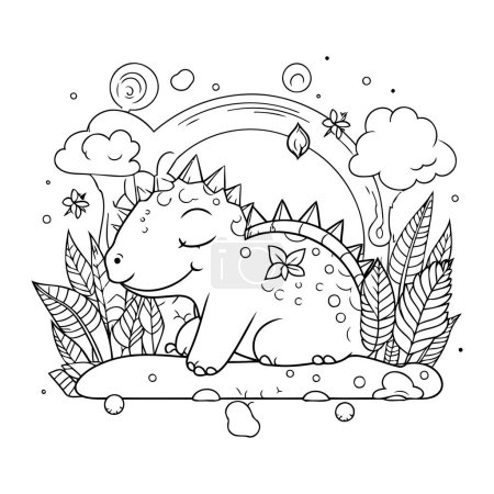Téléchargez les illustrations : Mignon diplodocus avec arc-en-ciel et nuages vectoriel illustration design - en licence libre de droit
