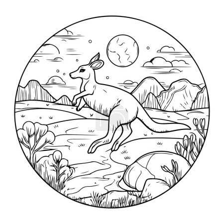 Téléchargez les illustrations : Kangourou dans le désert. Illustration vectorielle noir et blanc. - en licence libre de droit