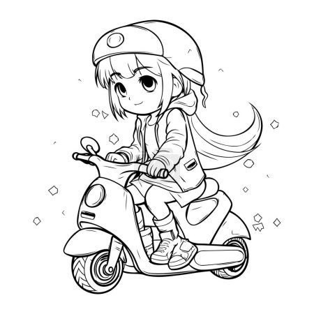 Illustration for Cute cartoon girl riding a scooter. Vector illustration for coloring book. - Royalty Free Image