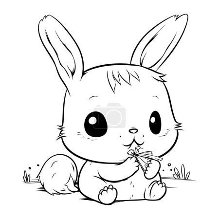 Ilustración de Lindo conejito de dibujos animados sentado en la hierba y sosteniendo una zanahoria. Ilustración vectorial. - Imagen libre de derechos