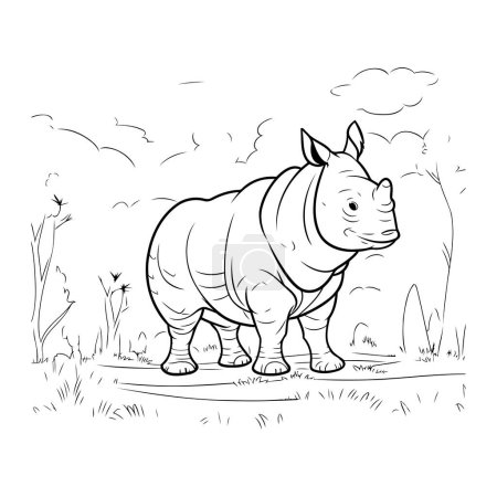 Ilustración de Ilustración vectorial en blanco y negro de un rinoceronte parado sobre la hierba. - Imagen libre de derechos