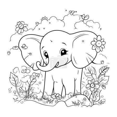 Téléchargez les illustrations : Éléphant mignon dans le champ avec des fleurs. illustration vectorielle de livre à colorier - en licence libre de droit