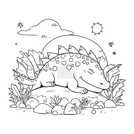 Téléchargez les illustrations : Dinosaure stegosaurus mignon dans la conception vectorielle d'illustration de scène de paysage - en licence libre de droit