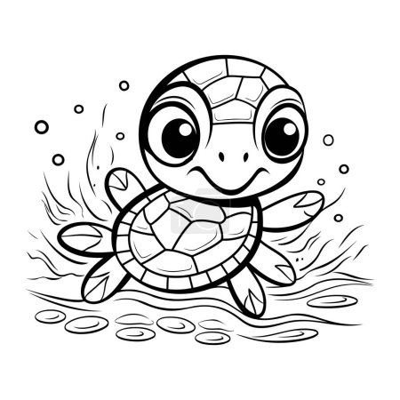 Téléchargez les illustrations : Mignon dessin animé tortue nager dans la mer. Illustration vectorielle pour livre à colorier. - en licence libre de droit