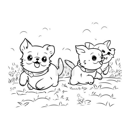 Téléchargez les illustrations : Mignon dessin animé chihuahua et chiot assis sur l'herbe - en licence libre de droit