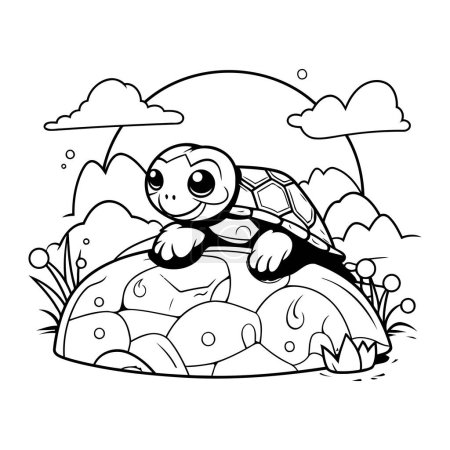 Téléchargez les illustrations : Illustration de dessins animés en noir et blanc du livre de coloriage de personnages de tortues - en licence libre de droit
