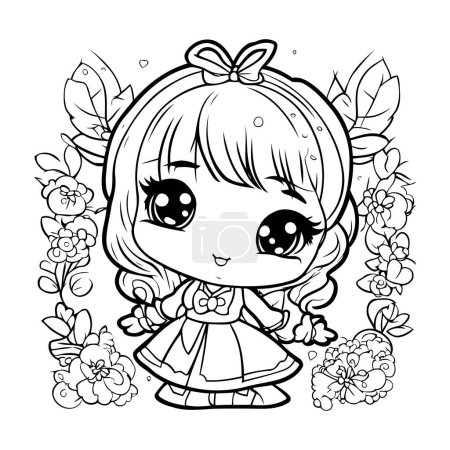 Illustration for Cute little girl with flowers. Vector illustration for coloring book. - Royalty Free Image