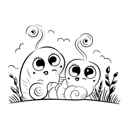 Illustration for Black and white vector illustration of two cute caterpillars in the grass - Royalty Free Image