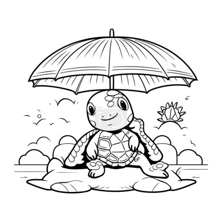 Téléchargez les illustrations : Illustration noir et blanc de personnage animal tortue avec parapluie pour livre à colorier - en licence libre de droit