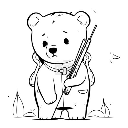 Ilustración de Ilustración de dibujos animados en blanco y negro de lindo personaje animal oso con rifle para colorear libro - Imagen libre de derechos