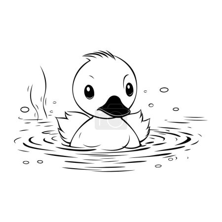 Téléchargez les illustrations : Mignon canard nageant dans l'eau. Illustration vectorielle noir et blanc. - en licence libre de droit