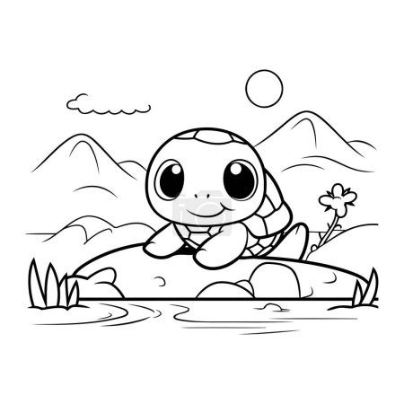 Téléchargez les illustrations : Illustration vectorielle de tortue dessin animé mignonne sur la plage. Livre à colorier - en licence libre de droit