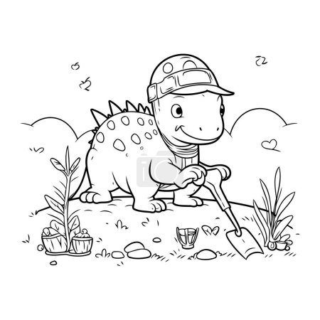 Ilustración de Dinosaurio con una pala. Ilustración vectorial para colorear libro. Dinosaurio de dibujos animados lindo. - Imagen libre de derechos