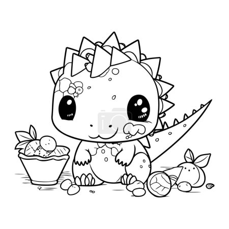 Ilustración de Lindo pequeño dinosaurio dibujos animados vector ilustración diseño gráfico en blanco y negro - Imagen libre de derechos