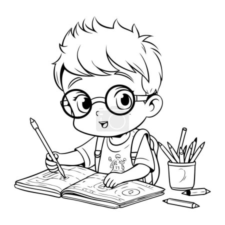 Illustration for Cute little boy doing his homework. Vector illustration for coloring book. - Royalty Free Image