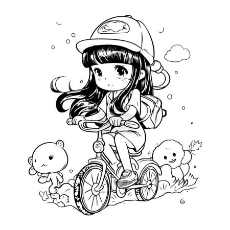 Illustration for Cute little girl riding a bicycle. Black and white vector illustration. - Royalty Free Image