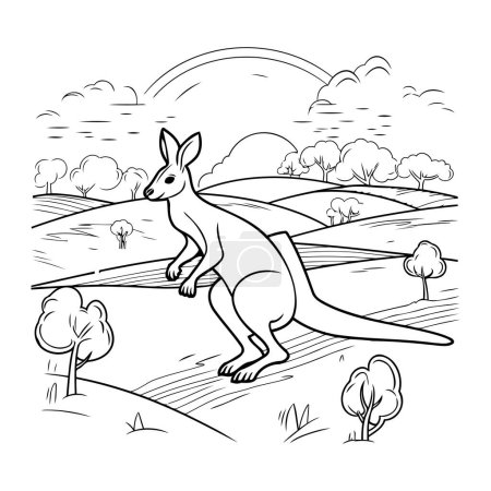 Illustration for Kangaroo in the field. Black and white vector illustration. - Royalty Free Image