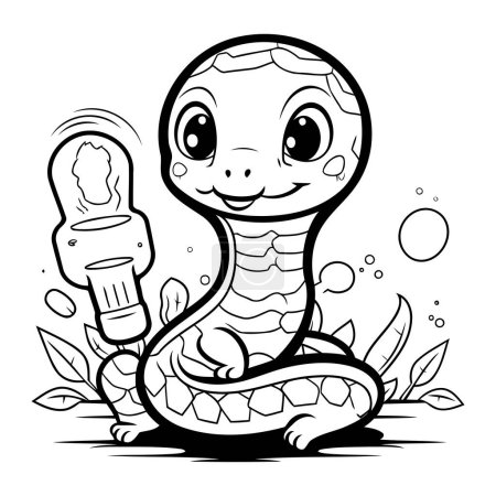Ilustración de Ilustración de dibujos animados en blanco y negro de lindo personaje de serpiente para colorear libro - Imagen libre de derechos