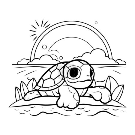 Téléchargez les illustrations : Mignon dessin animé tortue sur la plage. Livre à colorier pour enfants. - en licence libre de droit