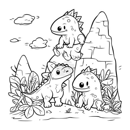 Téléchargez les illustrations : Coloriage Aperçu d'une famille de dinosaures Illustration vectorielle - en licence libre de droit