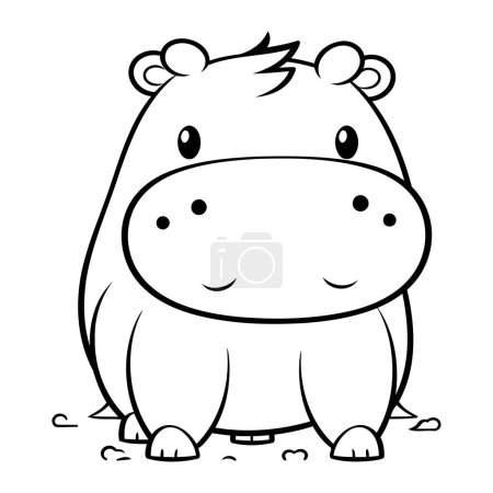 Téléchargez les illustrations : Illustration de dessin animé noir et blanc d'un personnage animal hippopotame mignon - en licence libre de droit
