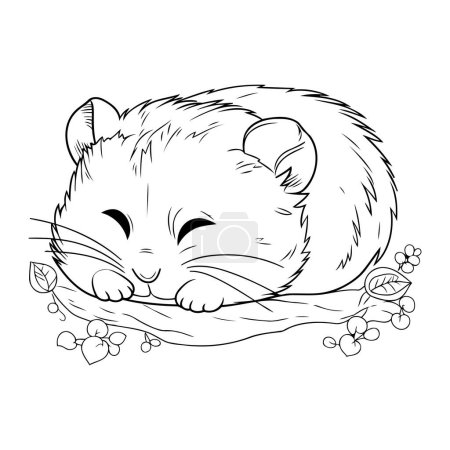 Téléchargez les illustrations : Mignon hamster dormant sur une branche avec des fleurs. Illustration vectorielle. - en licence libre de droit