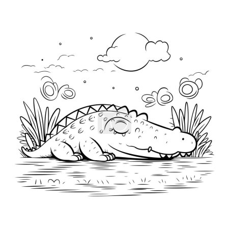 Téléchargez les illustrations : Crocodile dans l'étang. Illustration vectorielle noir et blanc. - en licence libre de droit