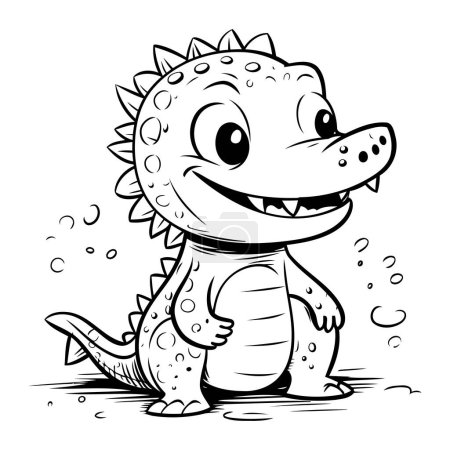 Téléchargez les illustrations : Illustration de dessin animé noir et blanc de personnage animal dinosaure mignon pour livre à colorier - en licence libre de droit