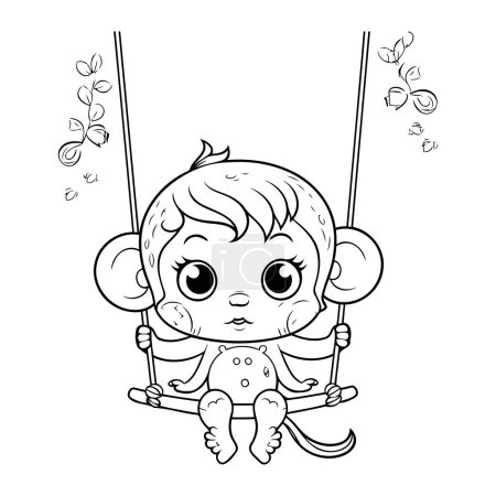 Ilustración de Lindo mono bebé en swing. Libro para colorear para niños. - Imagen libre de derechos