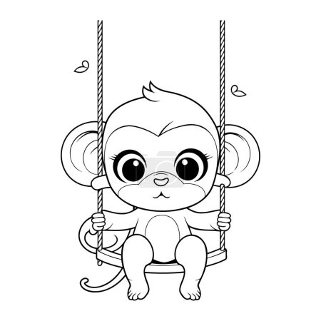 Téléchargez les illustrations : Mignon singe dessin animé sur swing. Illustration vectorielle pour livre à colorier. - en licence libre de droit