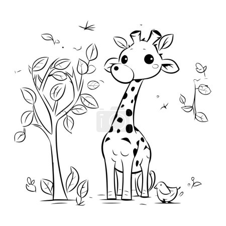 Téléchargez les illustrations : Girafe dans la jungle. Illustration vectorielle de bande dessinée pour livre à colorier - en licence libre de droit