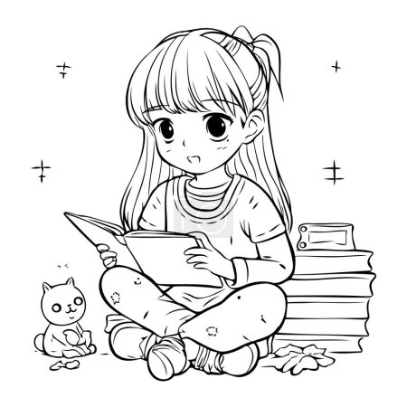 Téléchargez les illustrations : Une fille lisant un livre. Livre à colorier pour enfants. Illustration vectorielle - en licence libre de droit