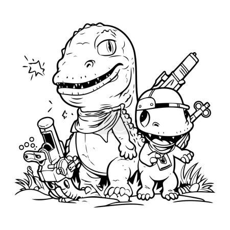 Téléchargez les photos : Illustration de dessin animé noir et blanc de personnage de fantaisie dinosaure pour livre à colorier - en image libre de droit